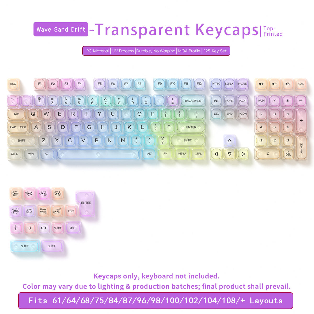 Transparent Gradient Keycaps 125 Keys PC Material MOA Profile UV Process Keycap Wooting For CHERRY MX Switch Mechanical Keyboard