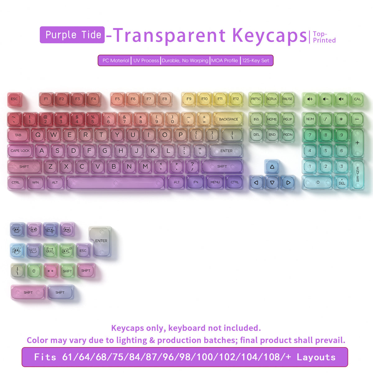Transparent Gradient Keycaps 125 Keys PC Material MOA Profile UV Process Keycap Wooting For CHERRY MX Switch Mechanical Keyboard