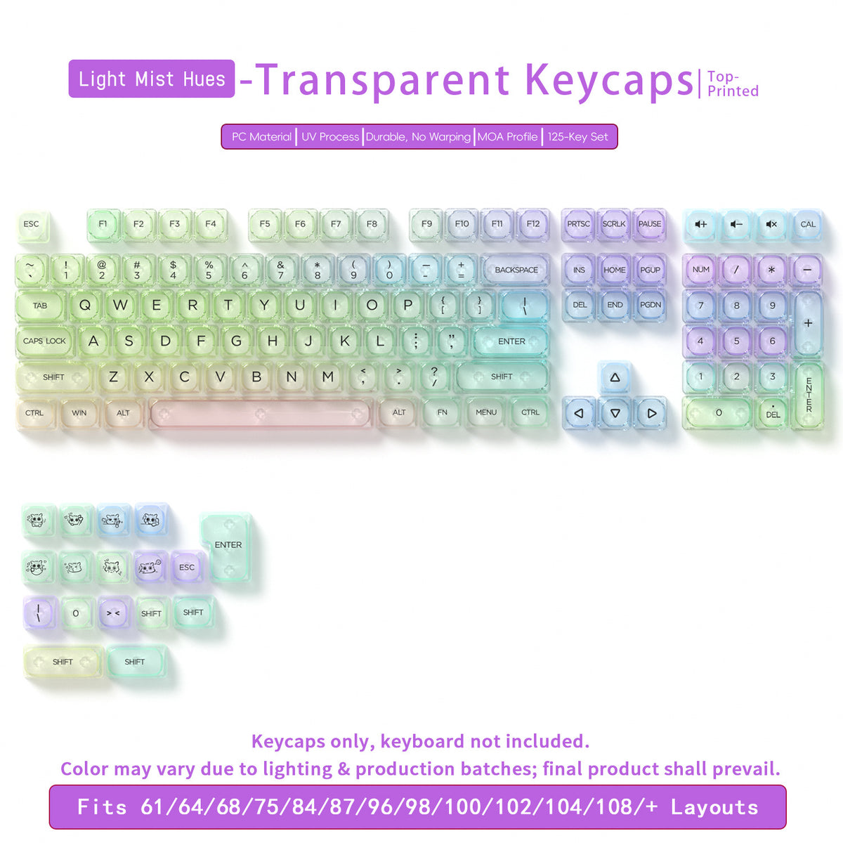 Transparent Gradient Keycaps 125 Keys PC Material MOA Profile UV Process Keycap Wooting For CHERRY MX Switch Mechanical Keyboard