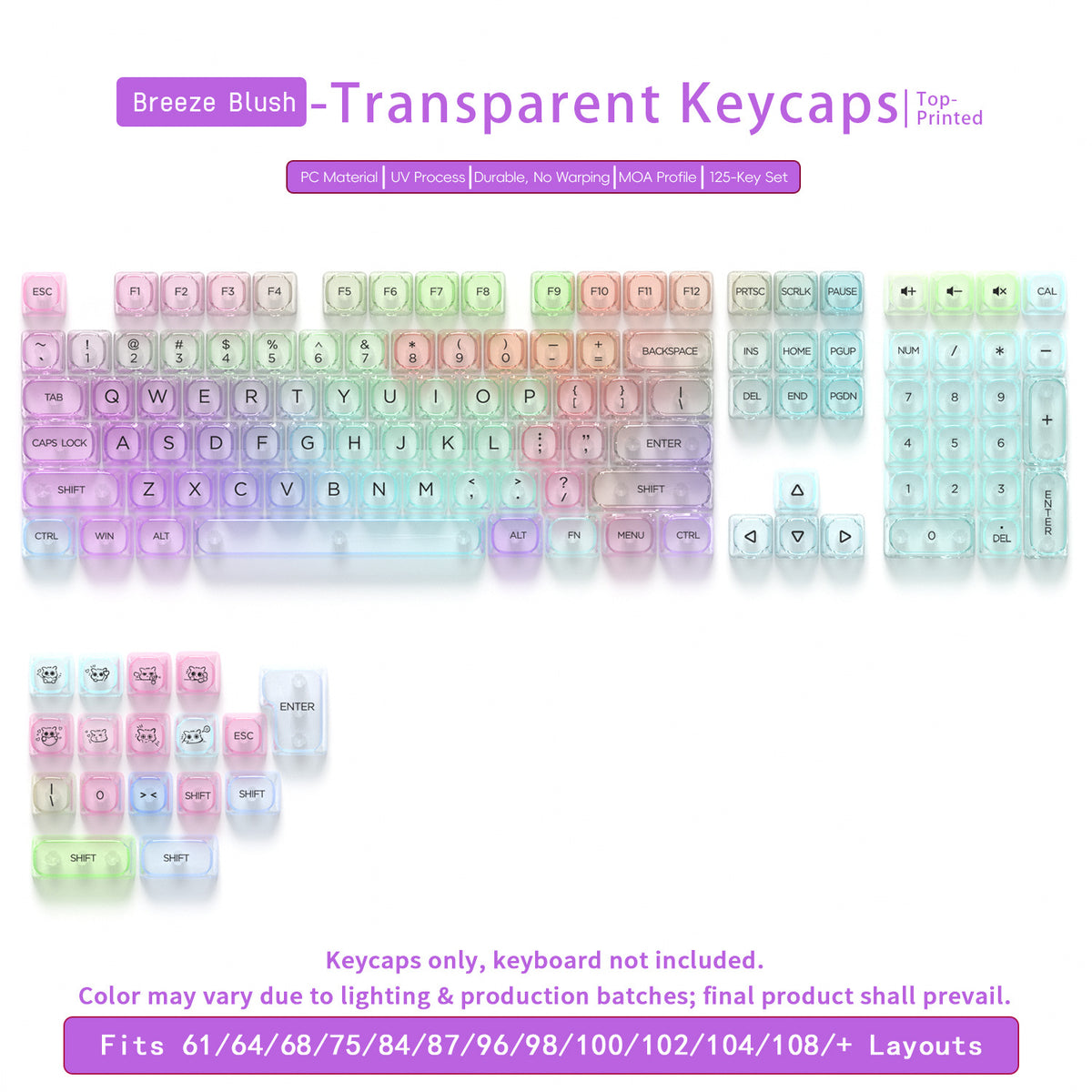 Transparent Gradient Keycaps 125 Keys PC Material MOA Profile UV Process Keycap Wooting For CHERRY MX Switch Mechanical Keyboard