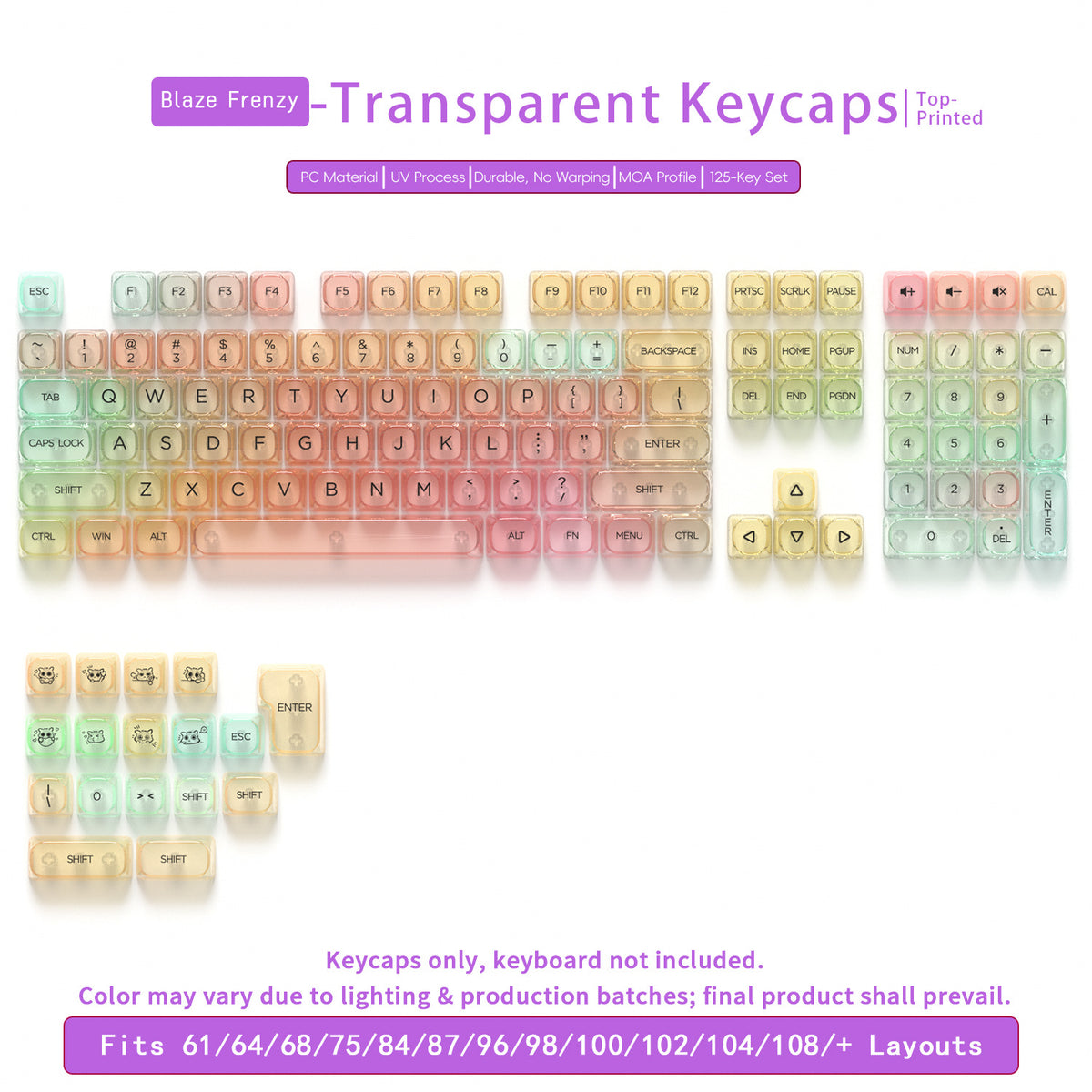 Transparent Gradient Keycaps 125 Keys PC Material MOA Profile UV Process Keycap Wooting For CHERRY MX Switch Mechanical Keyboard