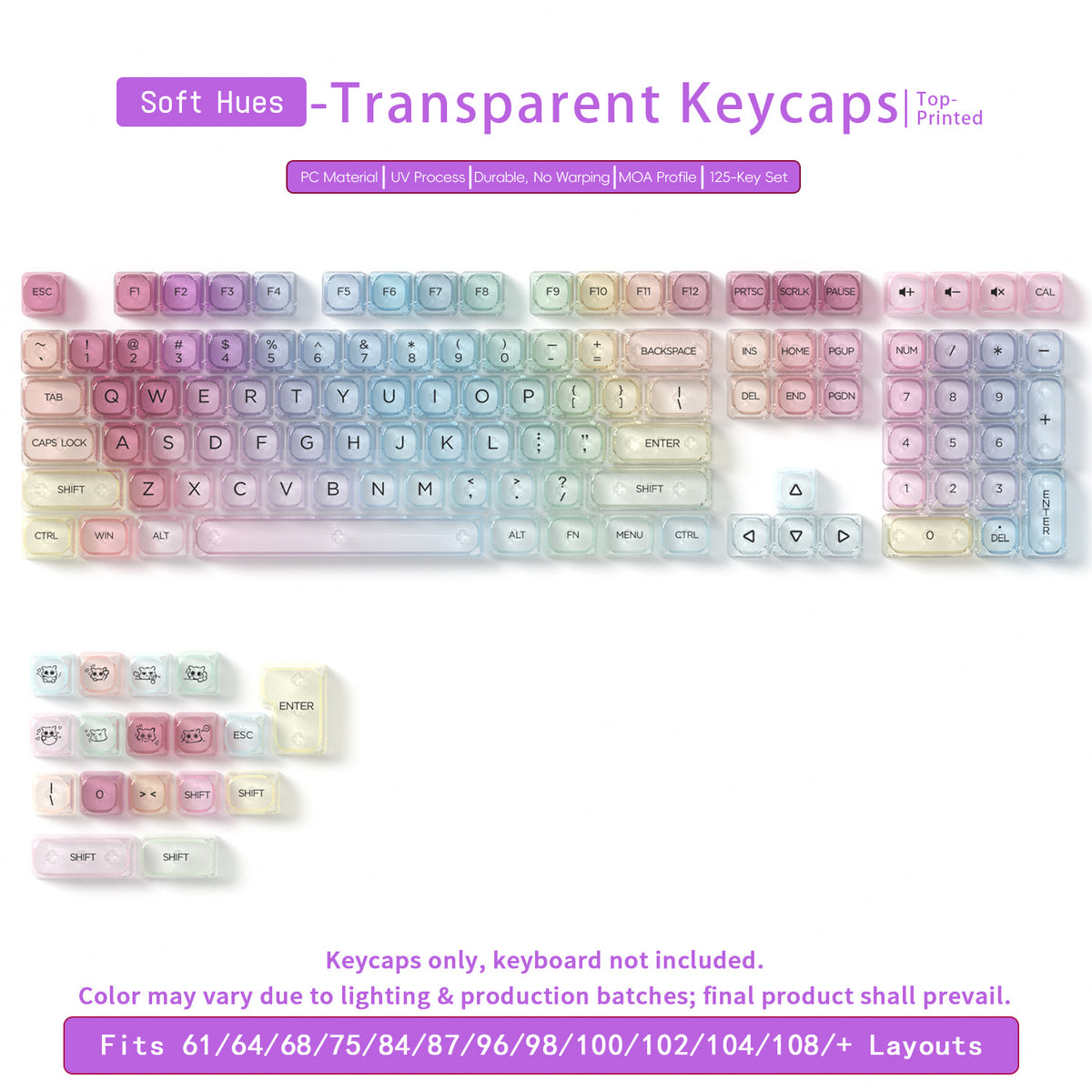 Transparent Gradient Keycaps 125 Keys PC Material MOA Profile UV Process Keycap Wooting For CHERRY MX Switch Mechanical Keyboard