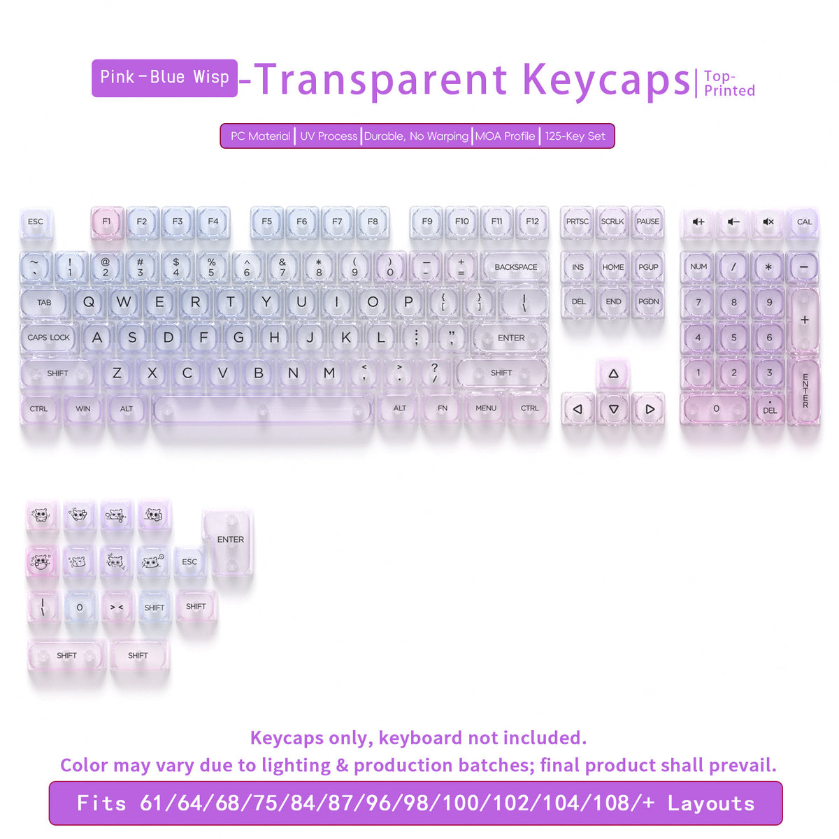 Transparent Gradient Keycaps 125 Keys PC Material MOA Profile UV Process Keycap Wooting For CHERRY MX Switch Mechanical Keyboard