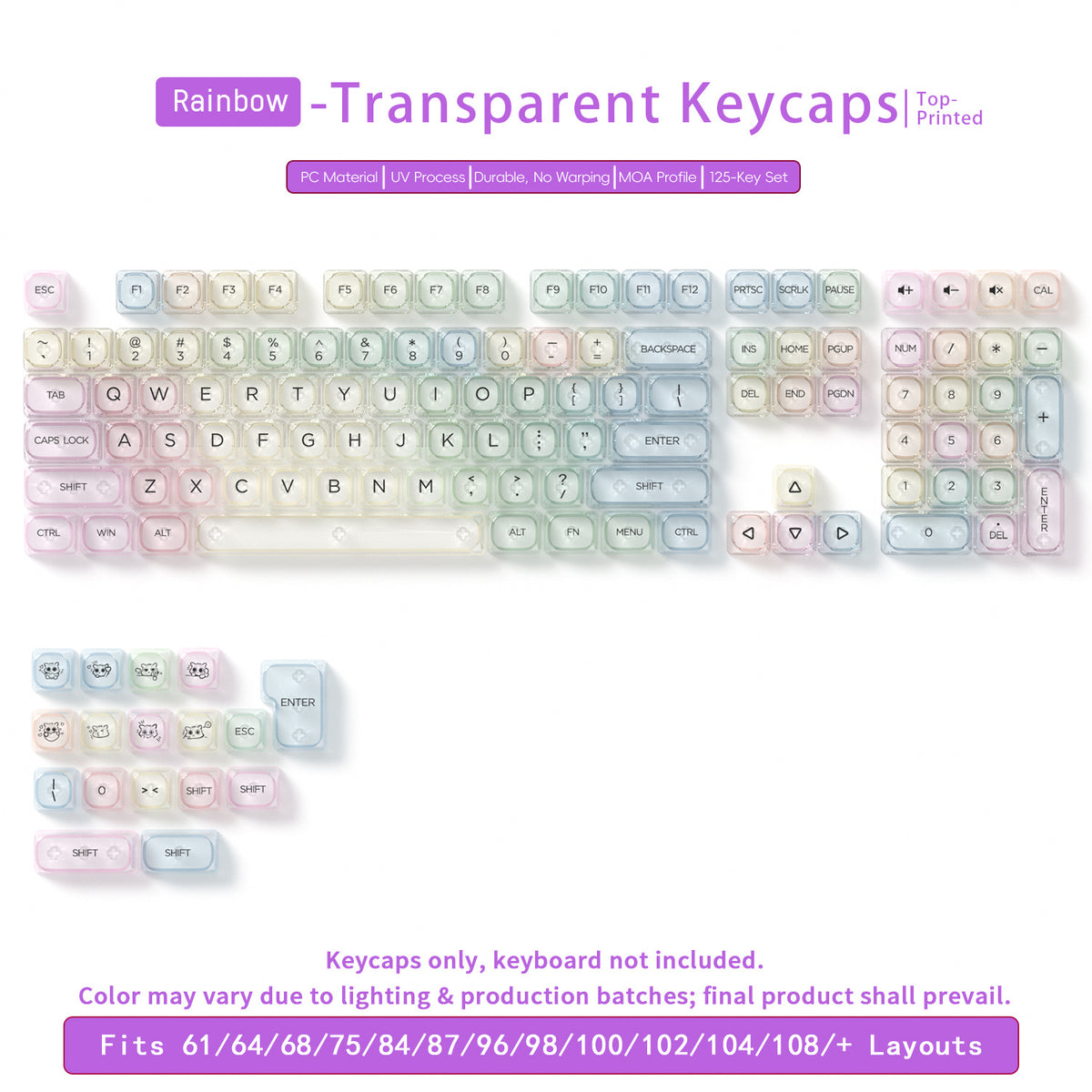 Transparent Gradient Keycaps 125 Keys PC Material MOA Profile UV Process Keycap Wooting For CHERRY MX Switch Mechanical Keyboard
