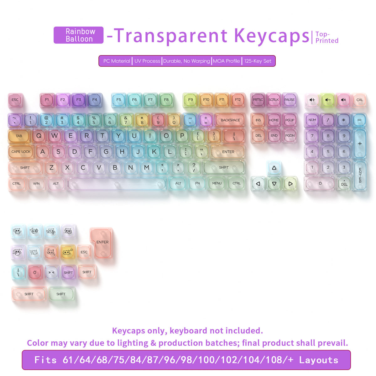 Transparent Gradient Keycaps 125 Keys PC Material MOA Profile UV Process Keycap Wooting For CHERRY MX Switch Mechanical Keyboard