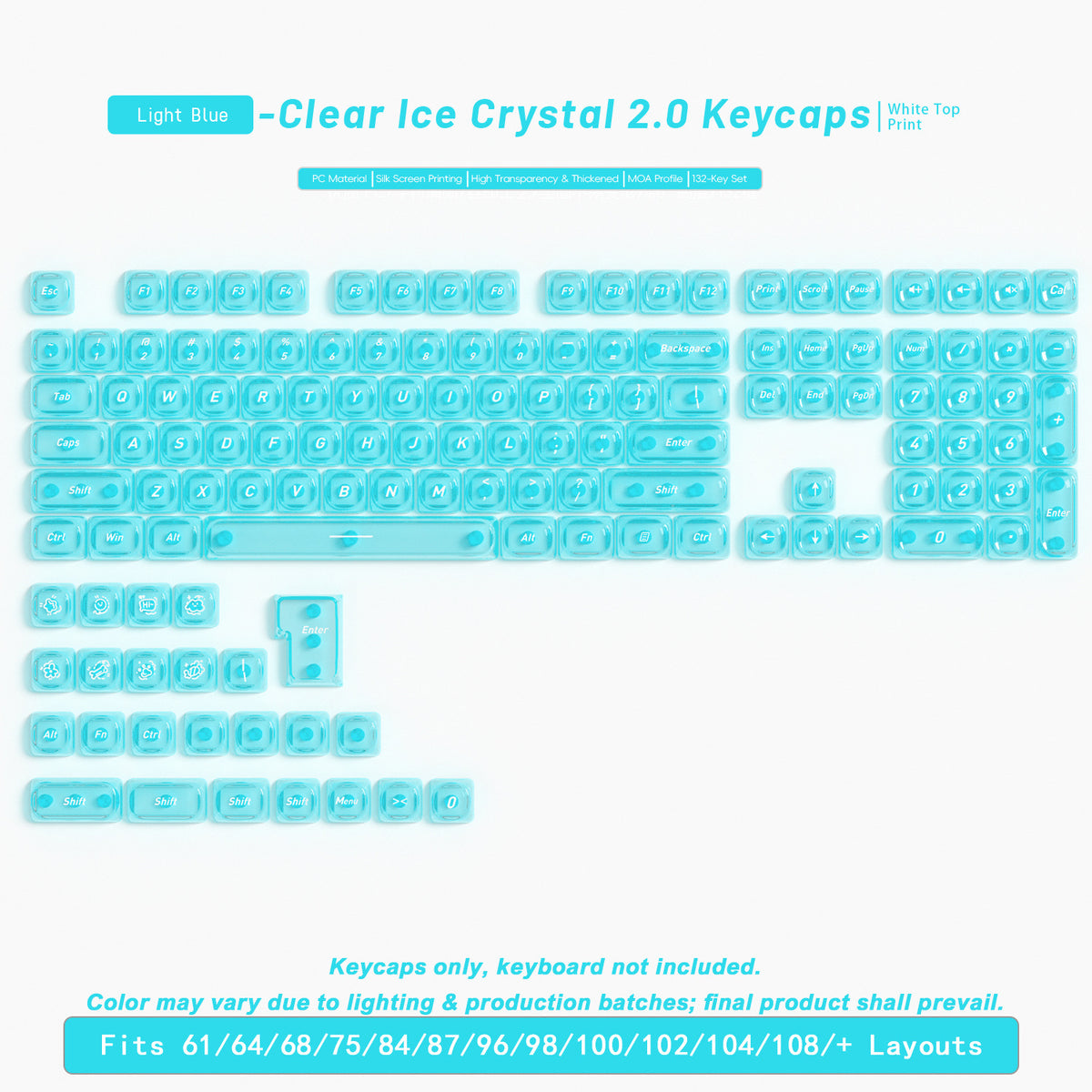 Transparent Boxed Keycaps 132 Keys PC Material MOA Profile UV Process Keycaps For MX Switch Wooting Aula F75 Mechanical Keyboard